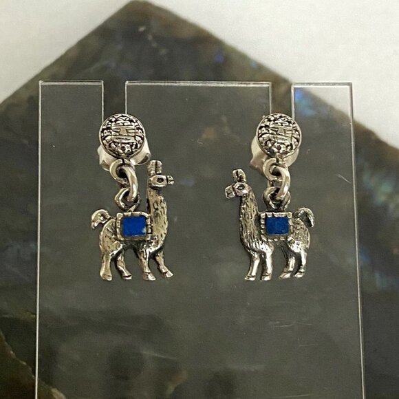 Sterling Silver 925 Southwest Style Llama Alpaca Lapis Dangle Drop Earrings - Picture 12 of 16